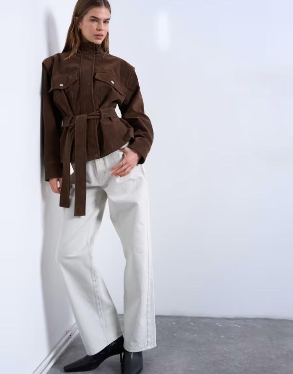 とっ始め販売店 レディース アウター 厚地の外套 照明ランプ素っ首 スエードクロス 上衣 Topshop faux suede low belted funnel neck jacket BROWN 赤銅色