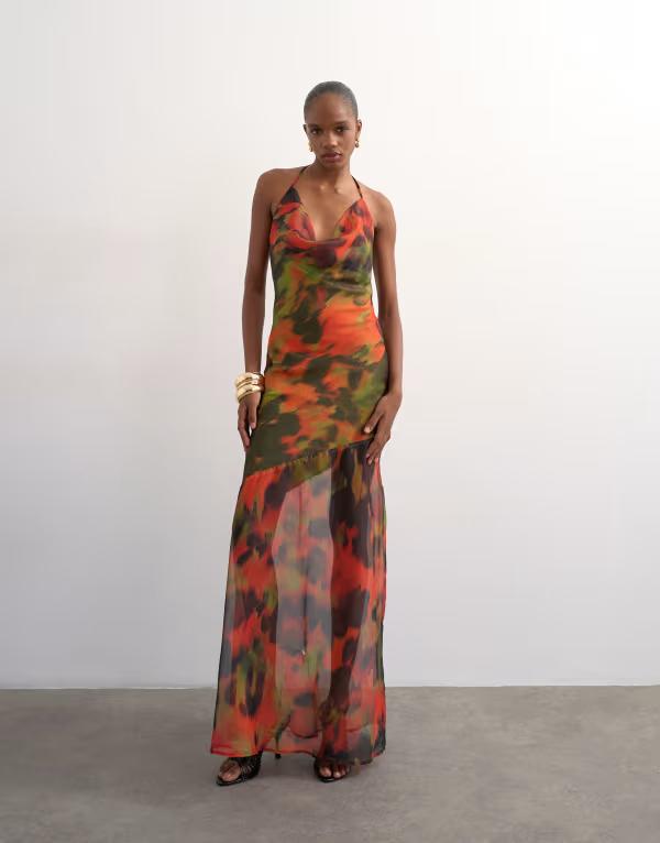 とっ始め販売店 レディース トップス 衣装 マキシ Topshop cowl neck dropped hemaxi dress インチ abstract blur Green and red blur 赤いこと