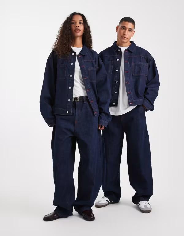 コルージョン レディース ボトムス デニムパンツ ジーンズ COLLUSION Unisex circular design collection antifit jeans in rinse with red topstitching Rinse wash レッド｜ReVida 店