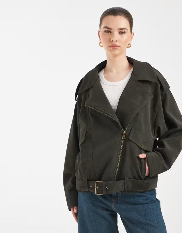 エイソス レディース アウター 上衣・上衣 なめし革 ASOS DESIGN oversized leather look moto jacket Khaki カーキ
