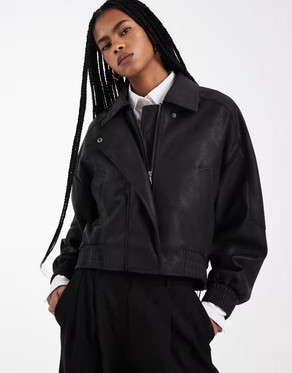 エイソス レディース アウター 上衣・上衣 なめし革 ASOS DESIGN leather look moto bomber jacket Black 黒いこと