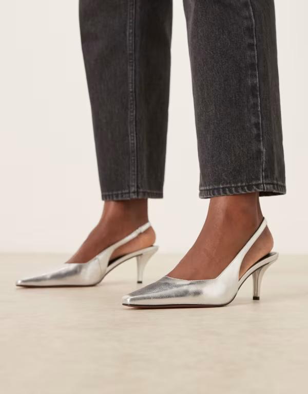 エイソス レディース シューズ 踵 ASOS DESIGN Shake chisel toe slingback mid heel shoesILVER FOIL PU しろがね色 ミュール-レディース靴-靴