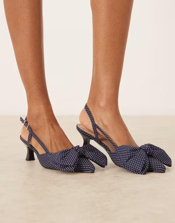 グラマラス レディース シューズ 踵 一点 Glamorous kitten heel shoes with bows polka dots Caramel 米国海軍 靴-レディース靴-ミュール