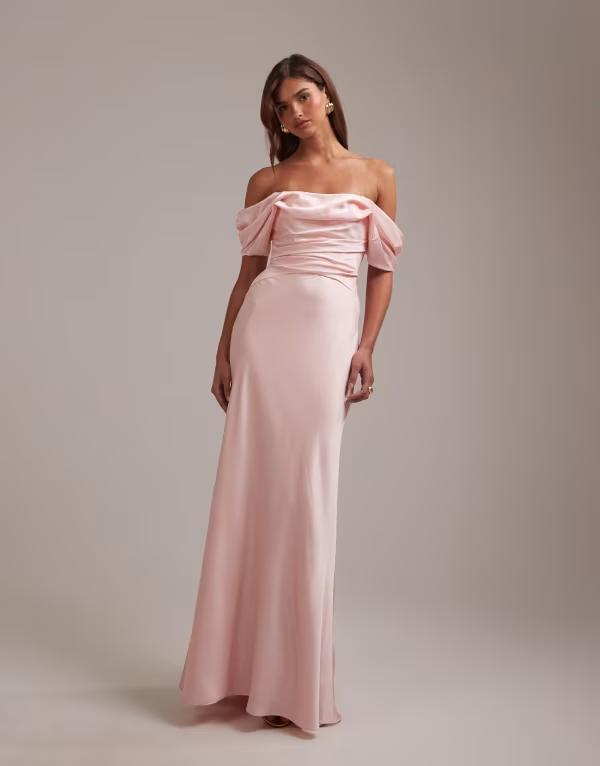エイソス レディース トップス ワンピース サテン マキシ ASOS DESIGN Bridesmaids off the shoulder satin maxi dress PINK ピンク