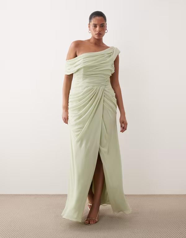 エイソス レディース トップス ワンピース シフォン ドレープ ワンショルダー スカート ASOS Curve ASOS DESIGN Curve Bridesmaid chiffon draped one-shoulder neckline with fixed wrap skirt in sage GREEN グリーン