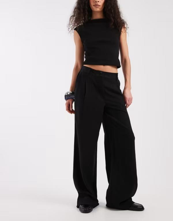 エイソス レディース ボトムス 心地好いズボン下 ワイドレッグ リネン ASOS DESIGN wide leg pants with pleat detail インチ linen look Black 黒いこと