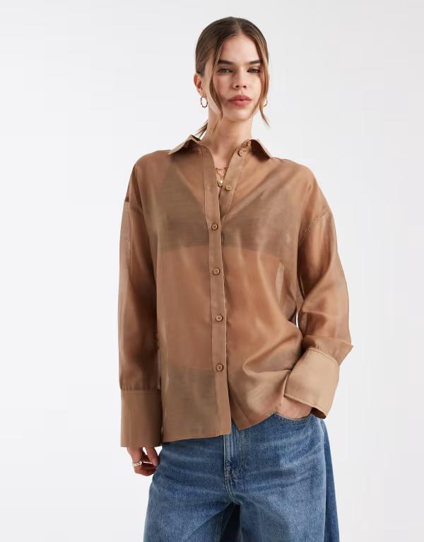 フォース&レックレス レディース トップス シャツ シアー 4th & Recklessheer deep cuffshirt in taupe トープ
