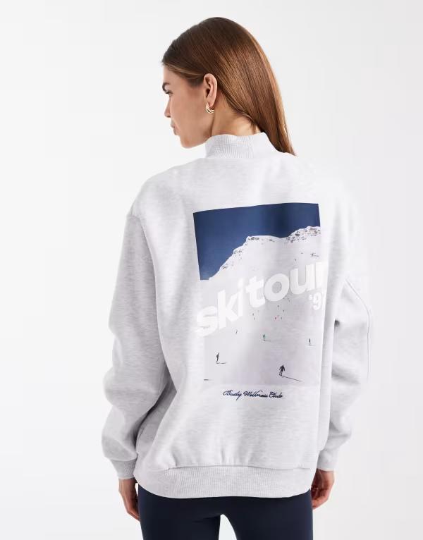 コットンオン レディース アウター パーカー・スウェット モックネック プラスサイズ シャツ グラフィック Cotton plush mock neck sweatshirt with ski tour graphic in cloudy grey グレー