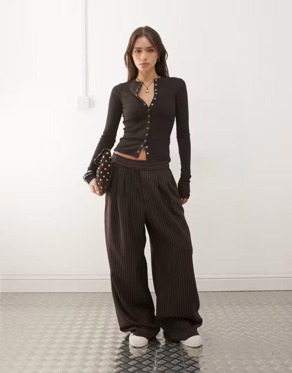 コルージョン レディース ボトムス カジュアルパンツ COLLUSION pull on pants in chocolate stripes Chocolate チョコレート