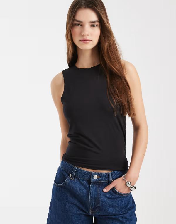 エイソス レディース トップス シャツ ASOS DESIGN double layer long racer neck tank top Black ブラック
