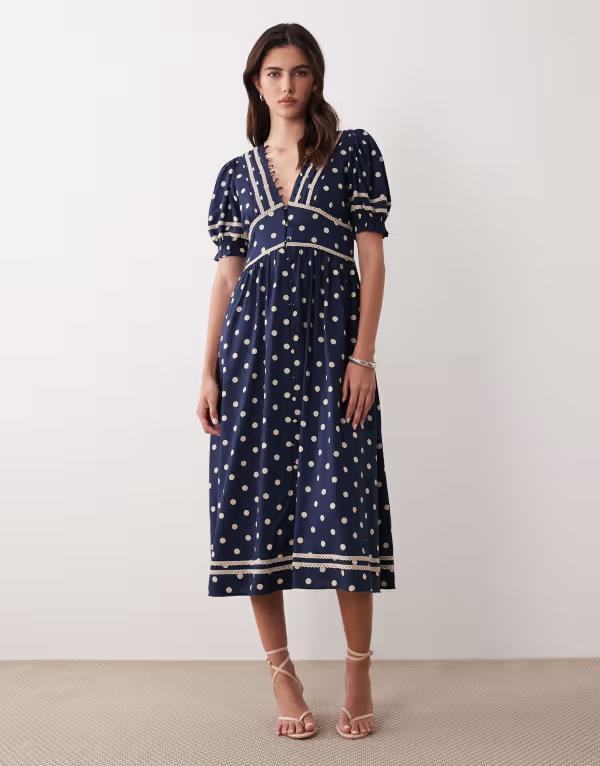 ノーバディーズ チャイルド レディース トップス ワンピース ドット柄 ドット ミディ Nobody's Child Saffy puff sleeve midi dress in polkadot Blue ブルー