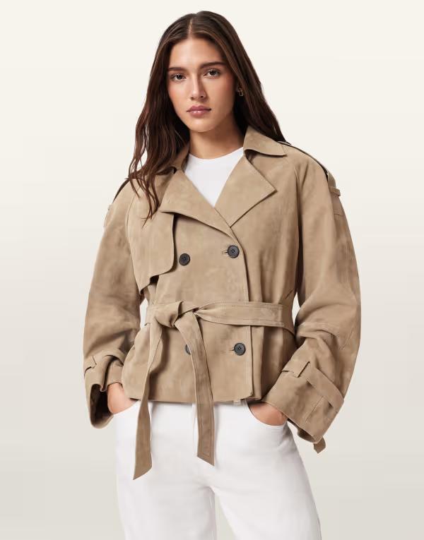 オールセインツ レディース アウター ジャケット・ブルゾン スエード コート AllSaints reed short belted suede trench coat in taupe BROWN ブラウン｜ReVida 店 111,400円