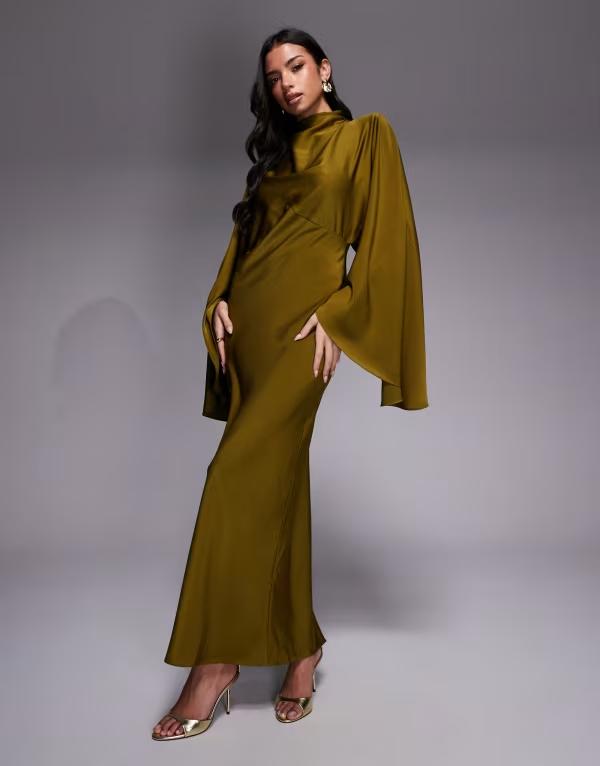 エイソス レディース トップス ワンピースタンドネック 繻子 マキシ ASOS DESIGN funnel neck satin maxi dress with exaggerated sleeves インチ dark Green 緑であること