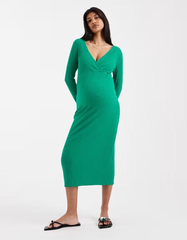 ママライシアス レディース トップス ワンピース リブ ミディ マタニティ Mama.licious Mamalicious Maternity wrap long sleeve ribbed nursing midi dress Bosphorus グリーン｜ReVida 店