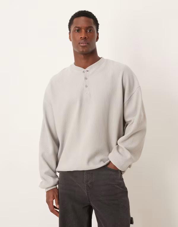 エイソス メンズ アウター パーカー・スウェット オーバーサイズフィット ASOS DESIGN extreme oversized fit henley in stone rib STONE ストーン
