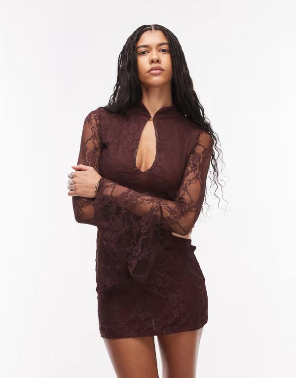 エイソス レディース トップス ワンピース ミニ レース ASOS DESIGN lace fluted sleeves mini dress with mandarin collar in chocolate チョコレート