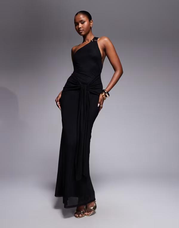 エイソス レディース トップス ワンピース メッシュ ワンショルダー マキシ ASOS DESIGN one-shoulder mesh with tie front maxi dress Black ブラック