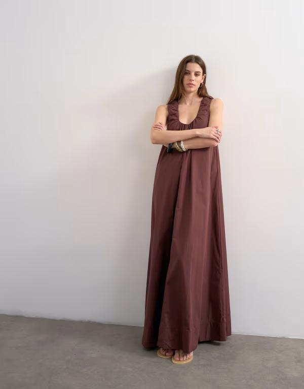とっ始め販売店 レディース トップス 衣装 ギャザー マキシ Topshopoplin ruched neck maxi sundress インチ chocolate 黒茶