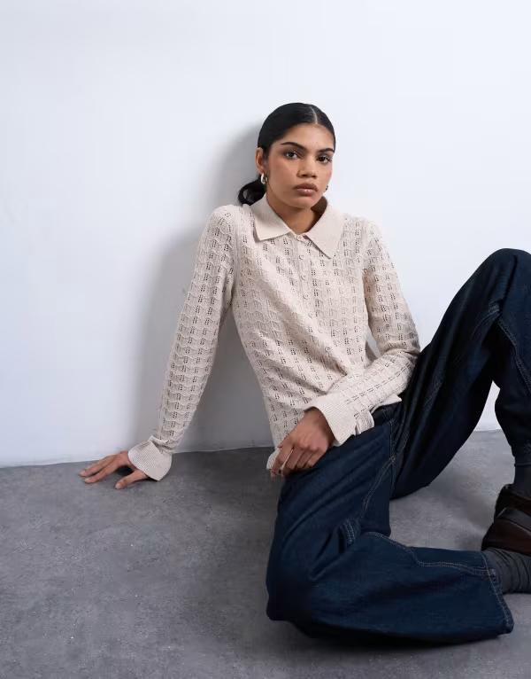 トップショップ レディース トップス シャツ ニット Topshop knit button up frill top in oat