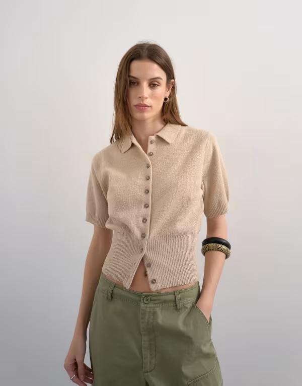 トップショップ レディース トップス ポロシャツ ニット Topshop fine knit cinch waist polo in oat