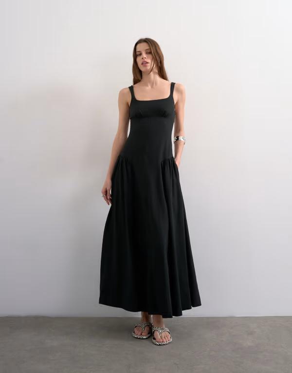 とっ始め販売店 レディース トップス 衣装 リネン マキシ Topshop dropped waist linen blend maxi dress Black 黒いこと