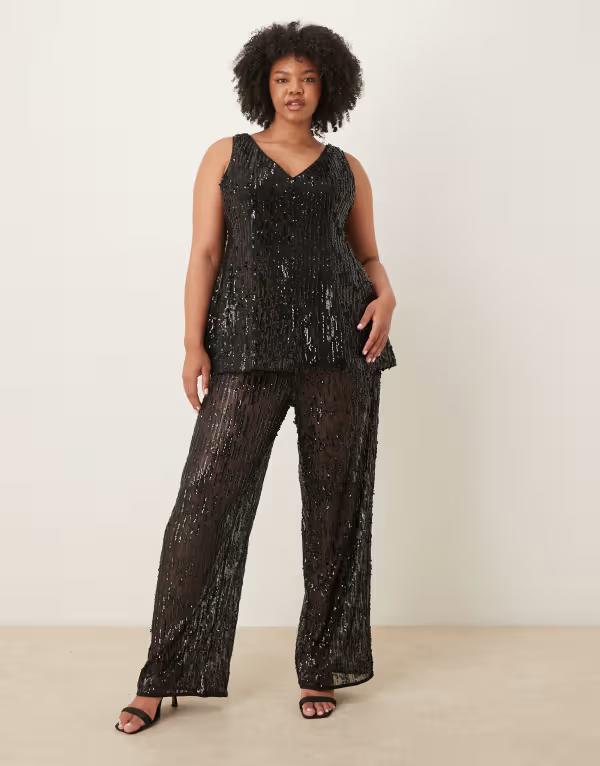 エイソス レディース ボトムス カジュアルパンツ ワイドレッグ シアー スパンコール ASOS Curve ASOS DESIGN Curve tailored wide leg sheer sequin pants - part of a set black ブラック