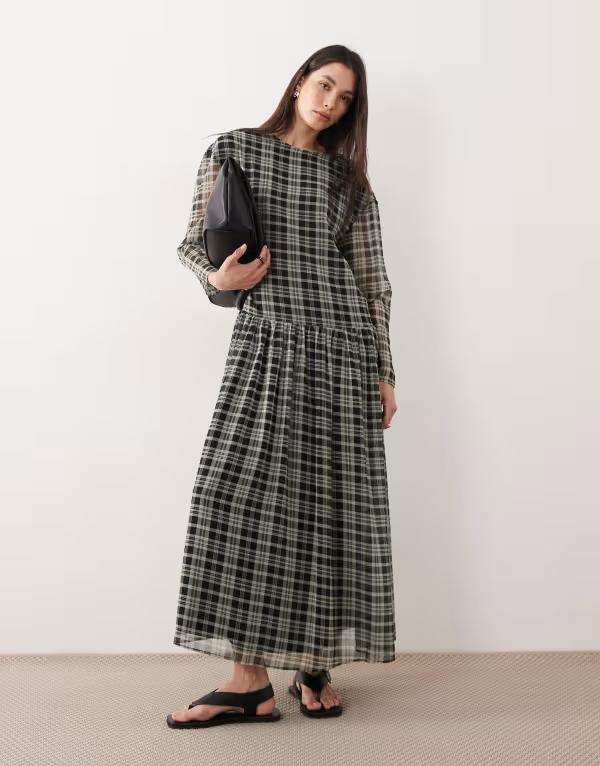 エイソス レディース トップス 衣装 シフォン マキシ ASOS DESIGN chiffon dropped waist maxi smock dress check Green Check 緑であること