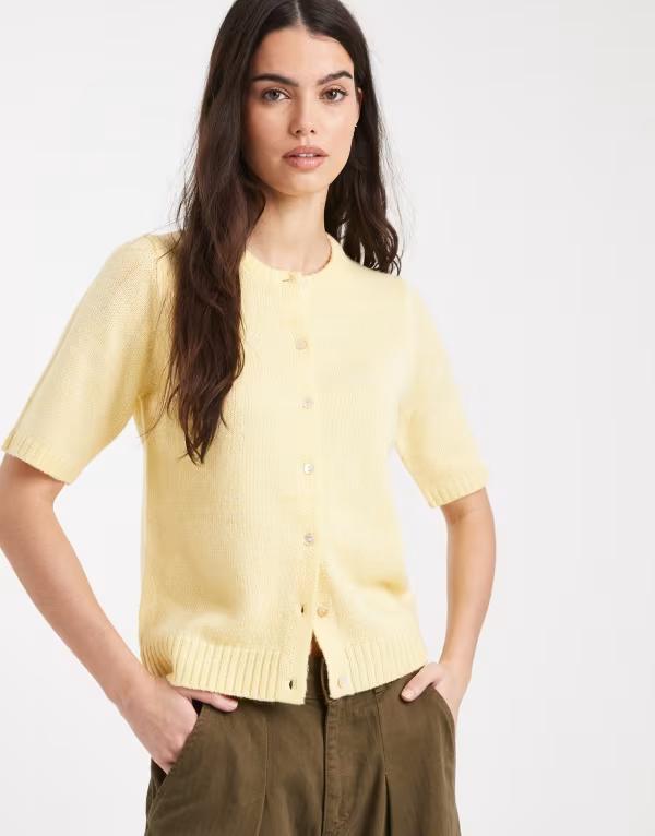 スリードベア レディース アウター カーディガン クルーネック Threadbare short sleeve crew neck cardigan in lemon yellow Lemon Yellow イエロー