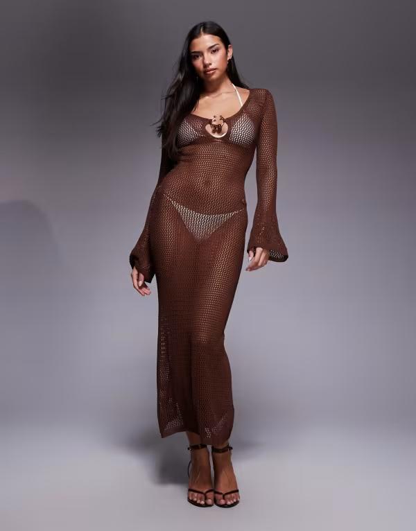 サウス砂浜 レディース トップス 衣装 マキシ South Beach crochet maxi beach dress BROWN 赤銅色