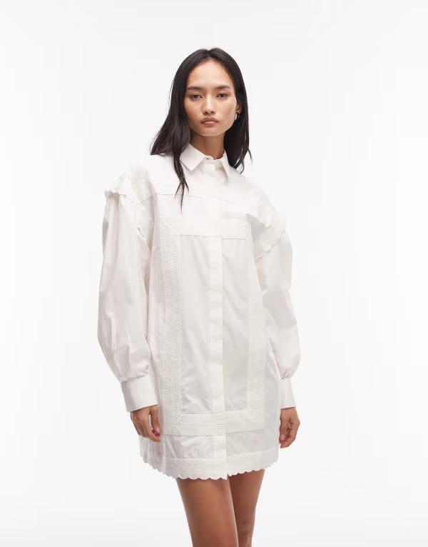 エイソス レディース トップス 衣装 スピード競技刈り込み ミニ プルオーバー スピード競技 ASOS DESIGN poplin mini shirt dress with lace trim White 白いこと レディースファッション-ワンピース