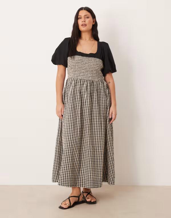 エイソス レディース トップス ワンピース ギンガムチェック マキシ ギンガム ASOS Curve ASOS DESIGN Curve shirred bodice maxi dress with puff sleeve in mono ginghamono gingham