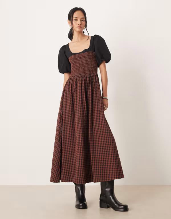 エイソス レディース トップス ワンピース ギンガムチェック マキシ ギンガム ASOS DESIGN shirred bodice maxi dress with puff sleeve in chocolate gingham Chocolate gingham チョコレート
