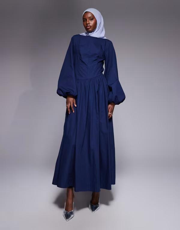 エイソス レディース トップス ワンピース アシンメトリー マキシ ASOS DESIGN poplin maxi dress with asymmetric waist and volume sleeves Navy ネイビー 18,855円