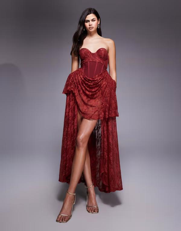 エイソス レディース トップス ワンピース ミニ レース ASOS DESIGN Premium hitched corset lace mini dress withipads and high-low hem in mulberry
