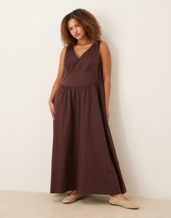 エイソス レディース トップス 衣装 Vのど首 マキシ ASOS Curve ASOS DESIGN Curve waisted v-neck maxi sundress with seaming details インチ chocolate 黒茶 ワンピース-レディースファッション