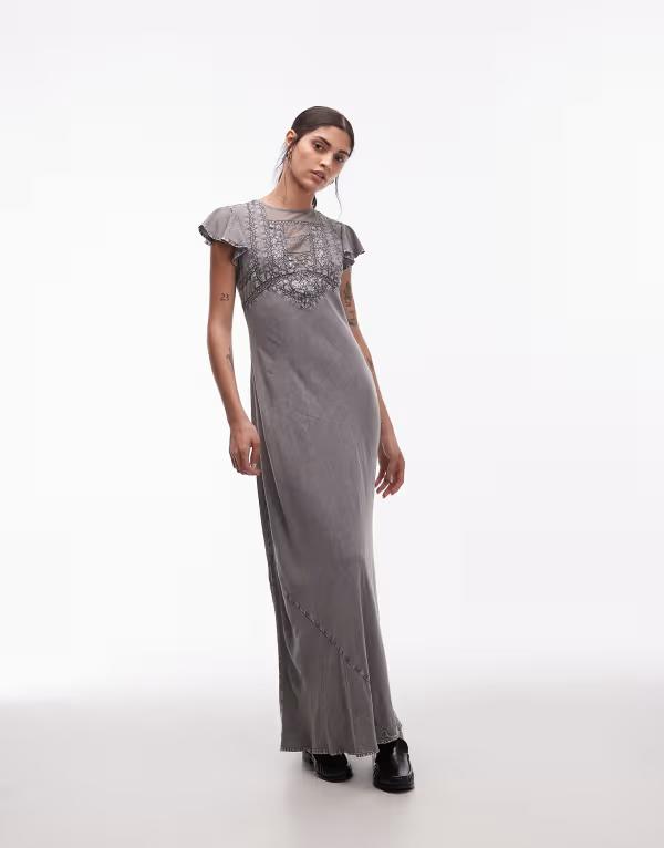 エイソス レディース トップス 衣装 ハイネック スピード競技 マキシ ASOS DESIGN high neck maxi dress with frill sleeves and lace inserts インチ washed Gray 薄墨色