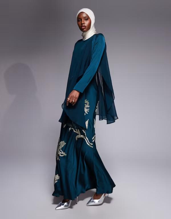 エイソス レディース トップス ワンピース ケープデザイン フラワー柄 オーバーレイ キャップ ケープ マキシ フラワー ASOS DESIGN cape overlay shadow floral embellished maxi dress in dark teal Dark Teal ティール