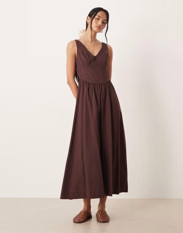 エイソス レディース トップス ワンピース Vネック マキシ ASOS DESIGN waisted v-neck maxi sundress with seaming details in chocolate チョコレート