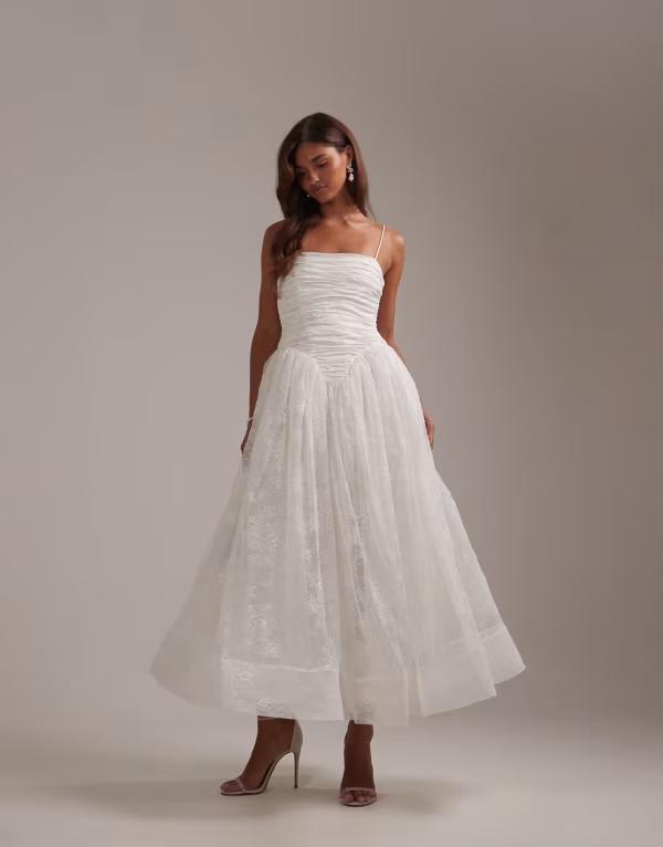 エイソス レディース トップス ワンピース ギャザー スカート レース マキシ ASOS DESIGN Bridal ruched bust cami wedding maxi dress with fullace skirt Ivory アイボリー
