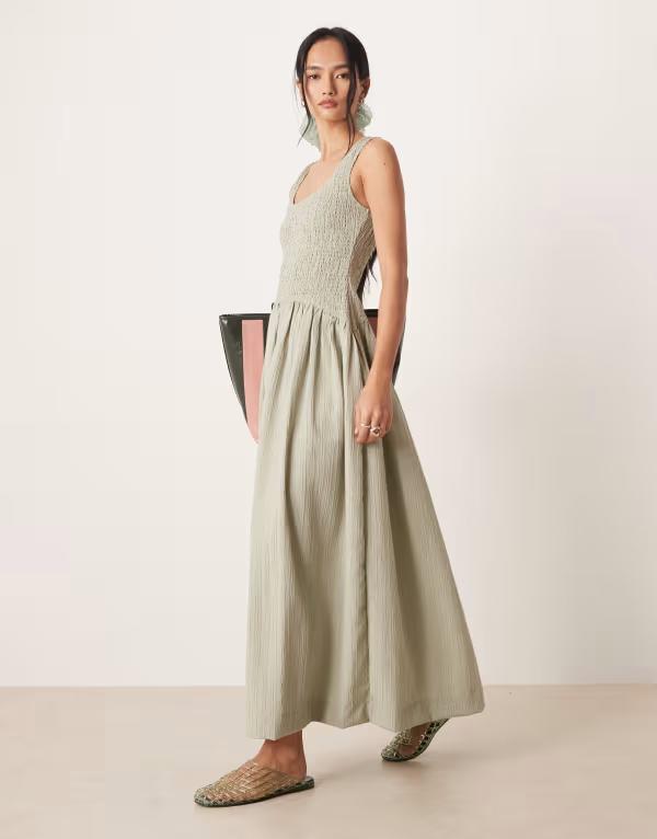 エイソス レディース トップス ワンピース マキシ ASOS DESIGN crinkle scoop neck maxi sundress with shirred waist in sage Dusky sage セージ｜ReVida 店