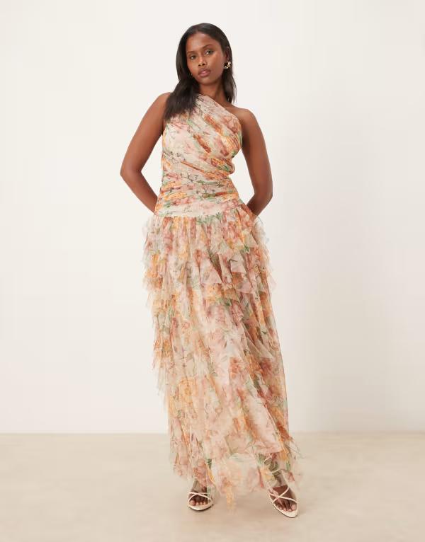 レース アンド ビーズ レディース トップス ワンピース フラワー柄 フリル ワンショルダー マキシ フラワー Lace & Beads one-shoulder waterfall ruffle maxi dress in soft brown floral Soft Brown Floral ブラウン