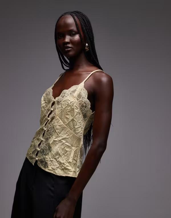エイソス レディース トップス シャツ サテン レース ASOS DESIGN button front lace and satin cami top in yellow イエロー