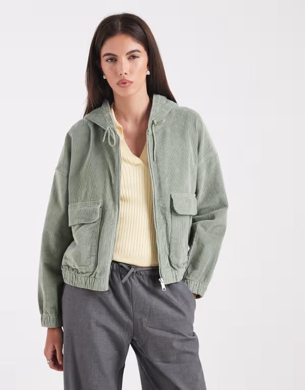 オンリー レディース アウター ジャケット・ブルゾン フーデッドジャケット ONLY zipped through cord hooded jacket Lily Pad カーキ