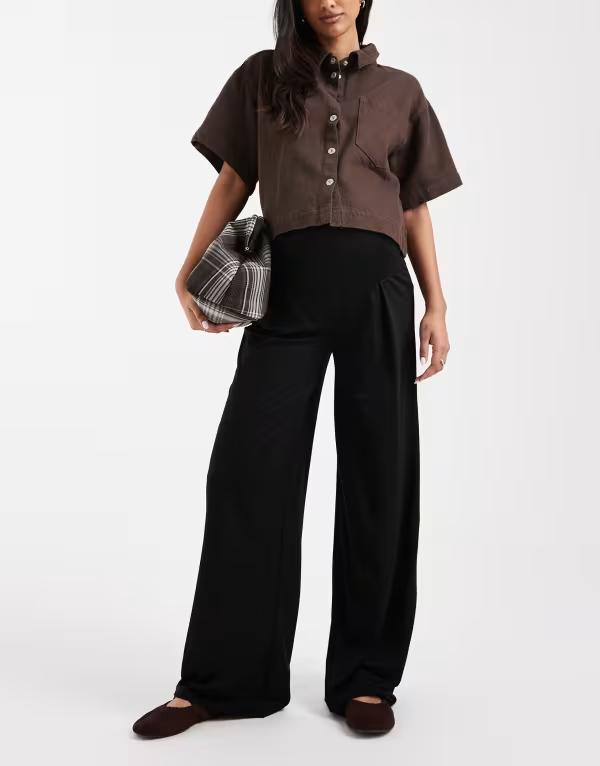 ママライシアス レディース ボトムス カジュアルパンツ ワイドレッグ ジャージー マタニティ Mama.licious Mamalicious Maternity foldable waistband wide leg jersey pants Black ブラック