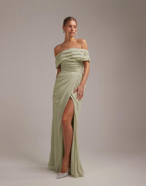 エイソス レディース トップス ワンピース シフォン ドレープ スカート マキシ ASOS DESIGN Bridesmaids off the shoulder chiffon draped maxi dress with fixed wrap skirt in sage GREEN グリーン