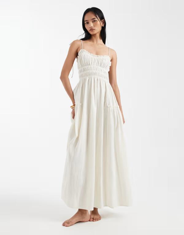 エイソス レディース トップス 衣装 マキシ ASOS DESIGN Faith shirred beach maxi sundress インチ cream 皮膚軟化剤 ワンピース-レディースファッション