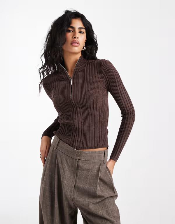 コットンオン レディース アウター ニット・セーター リブ Cotton variegated ribbed zip up sweater american oak AMERICAN OAK ブラウン
