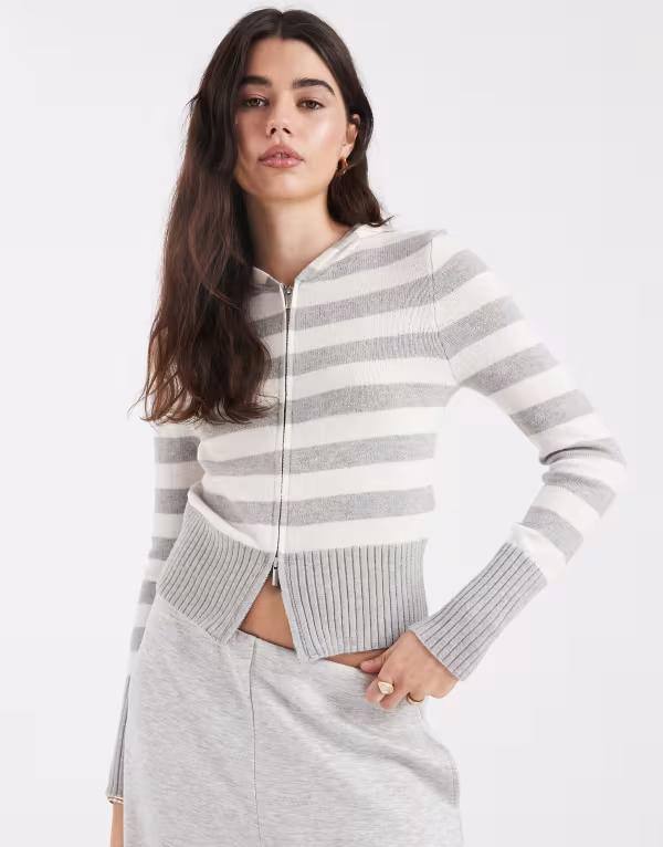 コットンオン レディース アウター パーカー・スウェット 編み物 Cotton hooded cable knit stripe Gray Stripe 薄墨色
