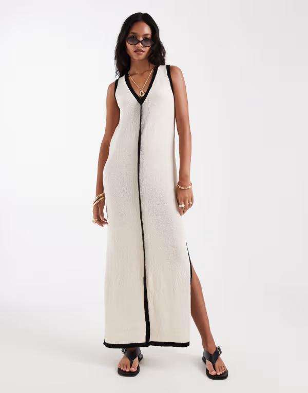 フォース&レックレス レディース トップス ワンピース Vネック ノースリーブ コントラスト ニット マキシ 4th & Reckless contrastrim sleeveless V-necknit beach maxi dress in ecru/Black エクリュ|ReVida 店