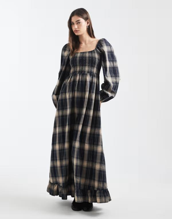 デイジーストリート レディース トップス ワンピース マキシ Daisy Street shirred bodice long sleeve maxi dress brown plaid NAVY BROWN PLAID ネイビー